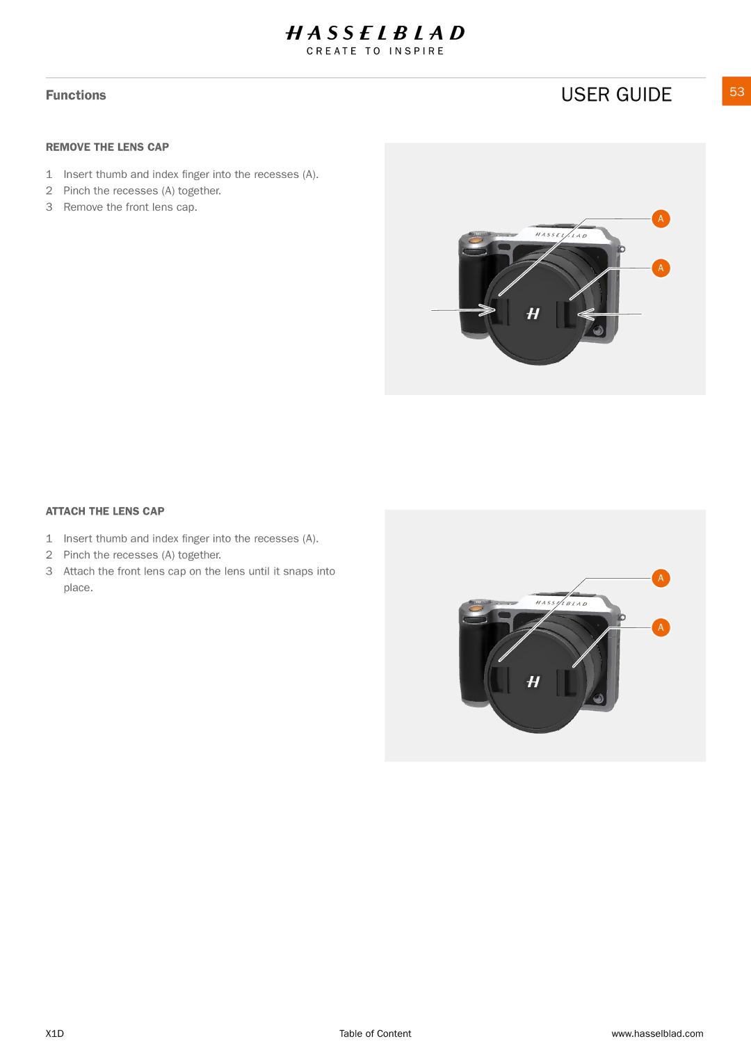 Hasselblad X1D manual Remove the Lens CAP, Attach the Lens CAP 