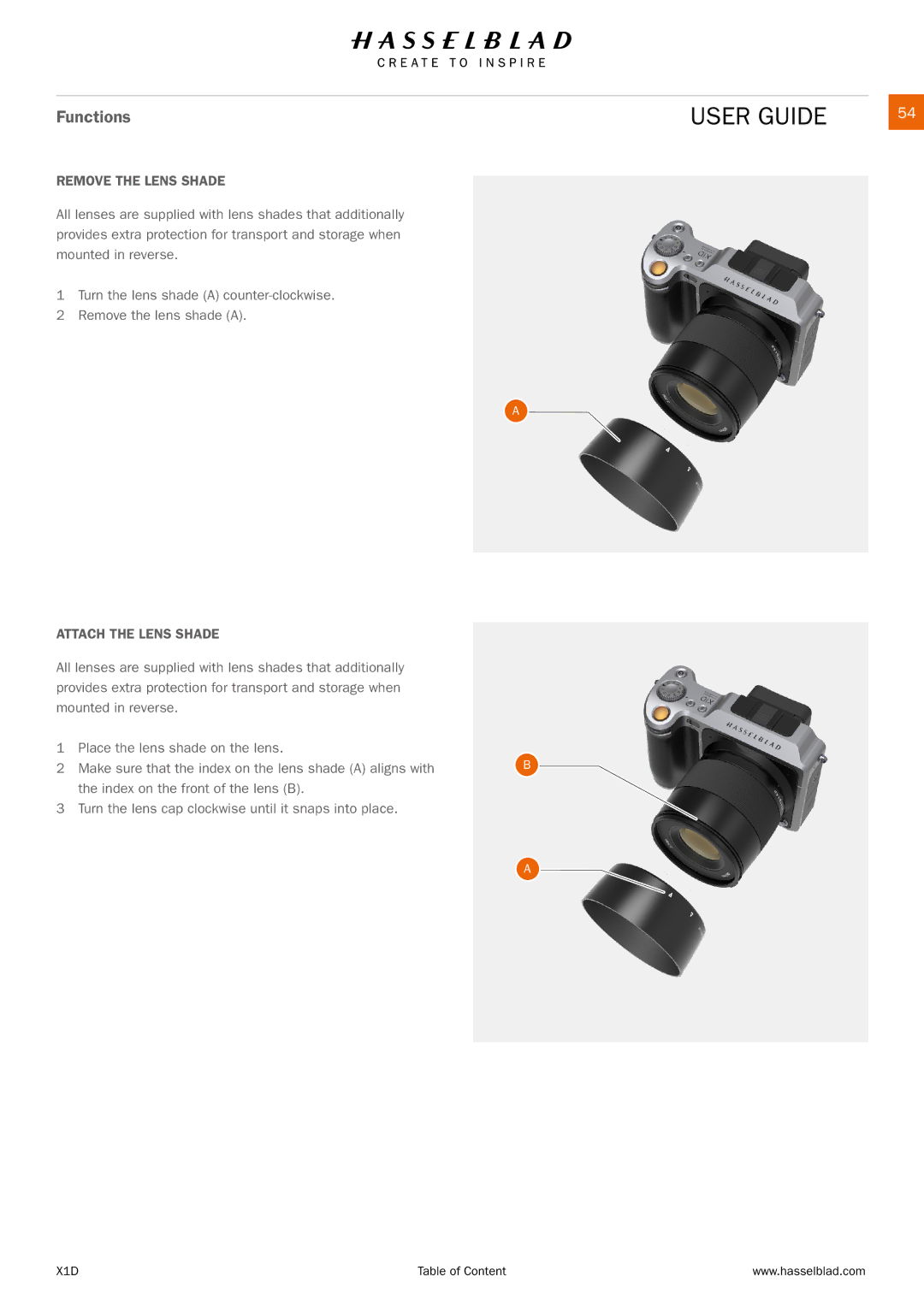 Hasselblad X1D manual Remove the Lens Shade, Attach the Lens Shade 