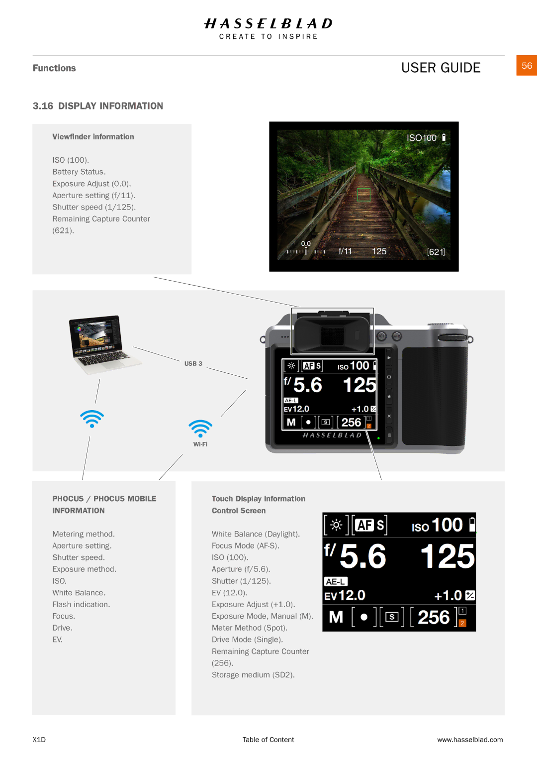 Hasselblad X1D manual Display Information, Phocus / Phocus Mobile 