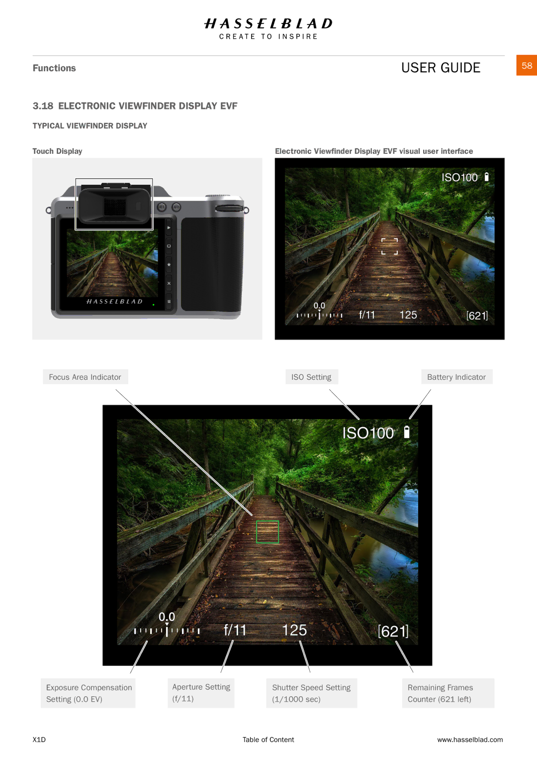 Hasselblad X1D manual Electronic Viewfinder Display EVF, Typical Viewfinder Display 