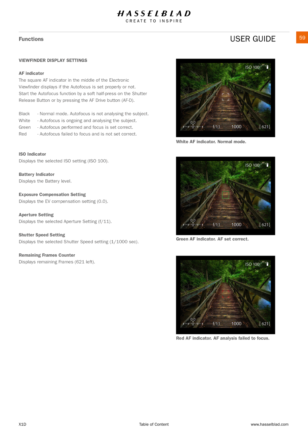 Hasselblad X1D manual Viewfinder Display Settings 