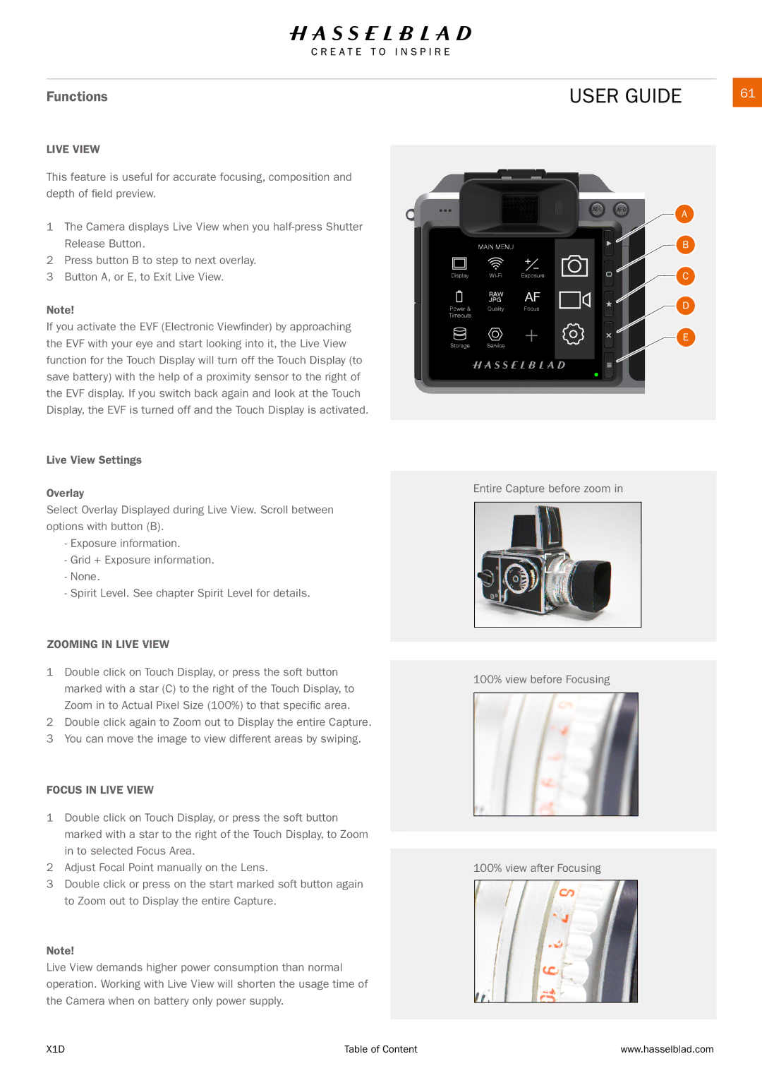 Hasselblad X1D manual Zooming in Live View, Focus in Live View 