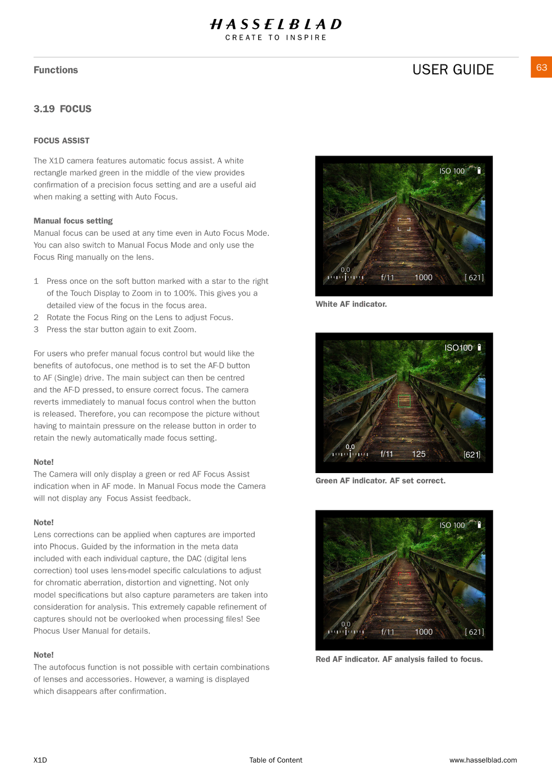 Hasselblad X1D manual Functions Focus, Focus Assist 