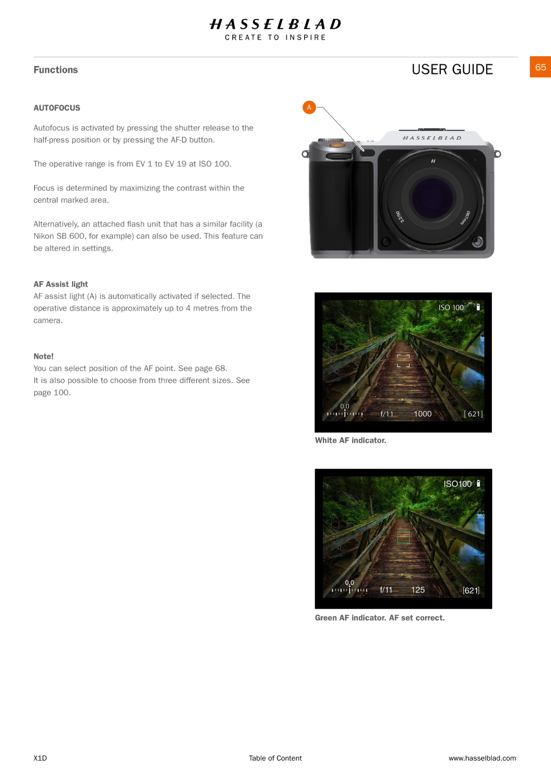 Hasselblad X1D manual Autofocus, White AF indicator Green AF indicator. AF set correct 