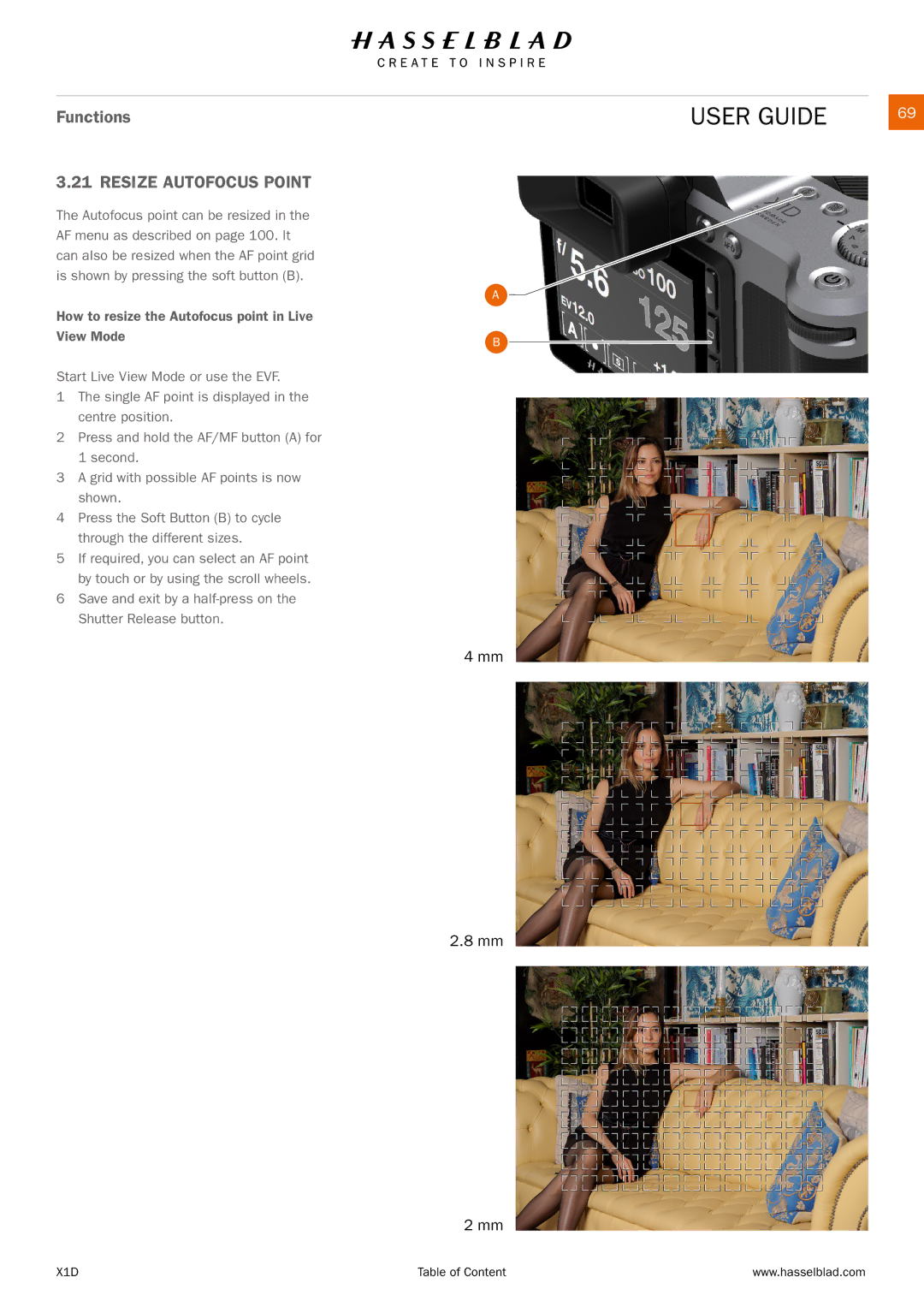 Hasselblad X1D manual Resize Autofocus Point, Save and exit by a half-press on the Shutter Release button 