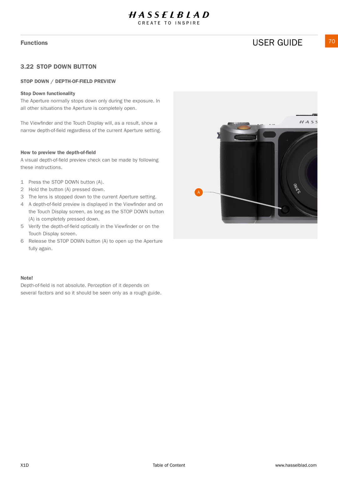 Hasselblad X1D manual Stop Down Button, Stop Down / DEPTH-OF-FIELD Preview 