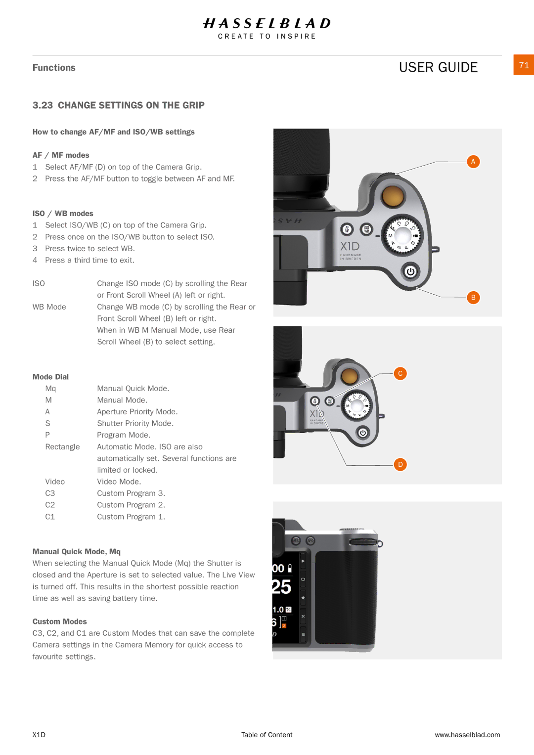 Hasselblad X1D manual Change Settings on the Grip 