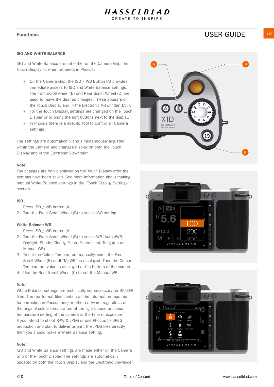 Hasselblad X1D manual ISO and White Balance, Use the Rear Scroll Wheel C to set the Manual WB 