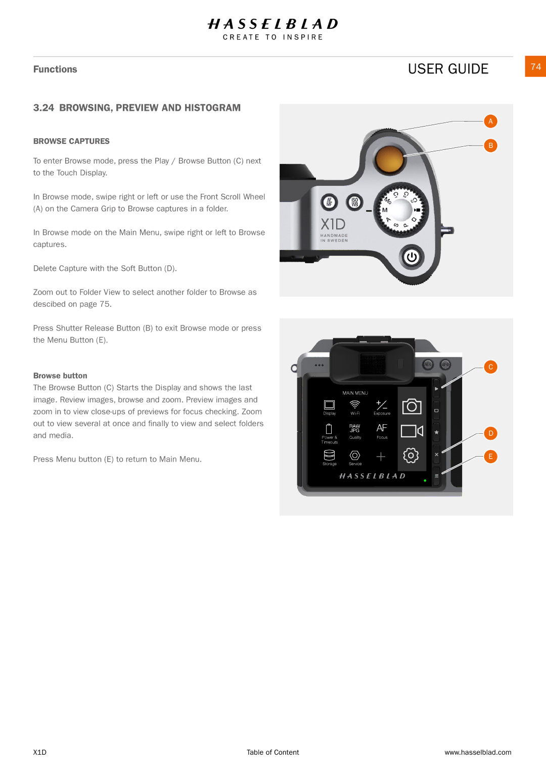 Hasselblad X1D manual BROWSING, Preview and Histogram, Browse Captures 