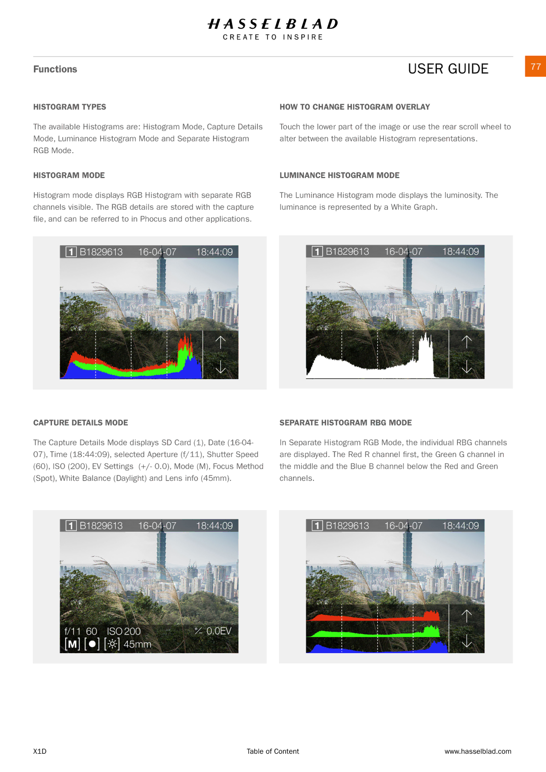 Hasselblad X1D manual Histogram Types, Histogram Mode, Capture Details Mode, HOW to Change Histogram Overlay 