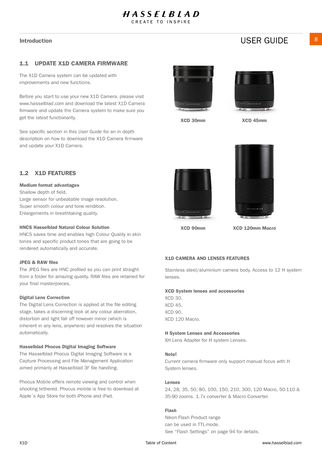 Hasselblad manual Update X1D Camera Firmware, X1D Features, X1D Camera and Lenses Features 