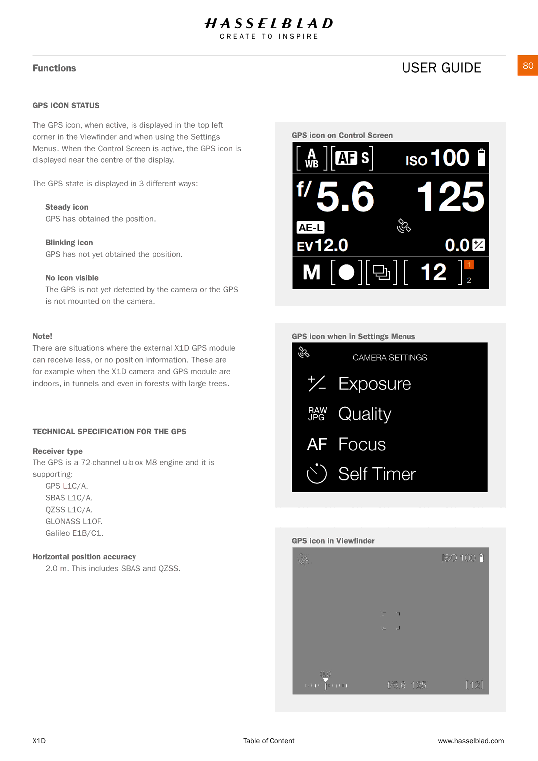 Hasselblad X1D manual GPS Icon Status, Technical Specification for the GPS, GPS L1C/A Sbas L1C/A Qzss L1C/A Glonass L1OF 