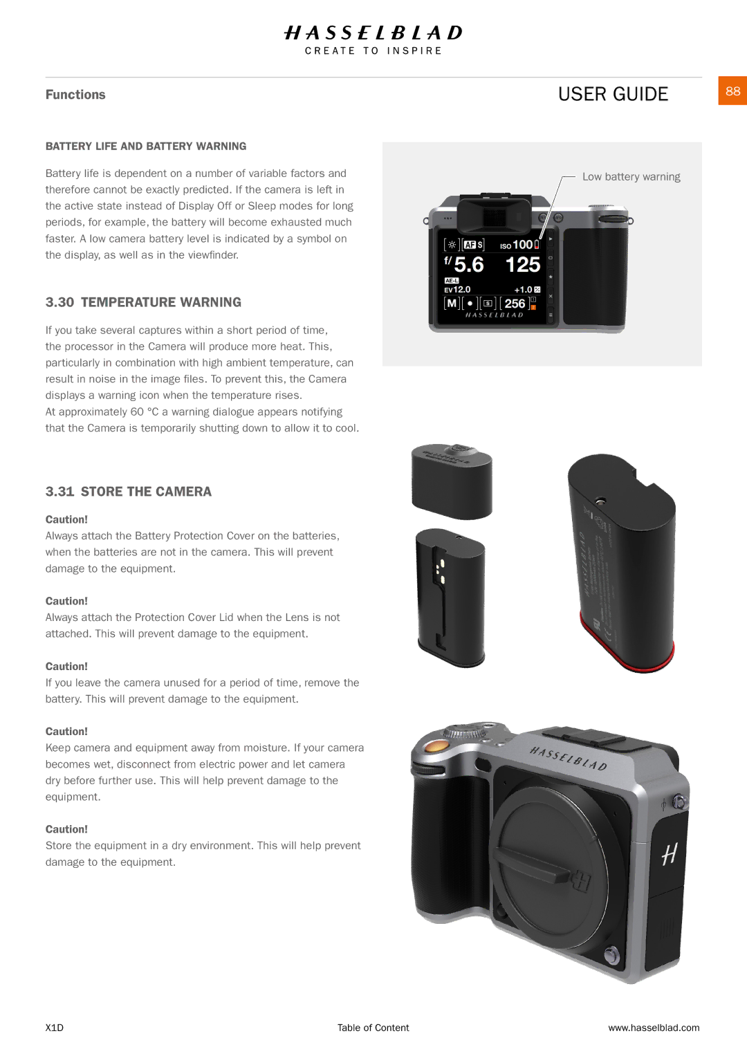 Hasselblad X1D manual Temperature Warning, Store the Camera, Battery Life and Battery Warning, Low battery warning 