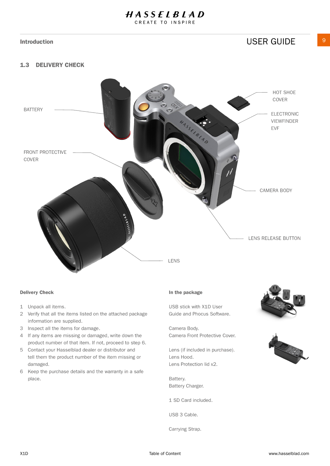 Hasselblad X1D manual Delivery Check, Battery, Front Protective Cover Camera Body Lens Release Button 