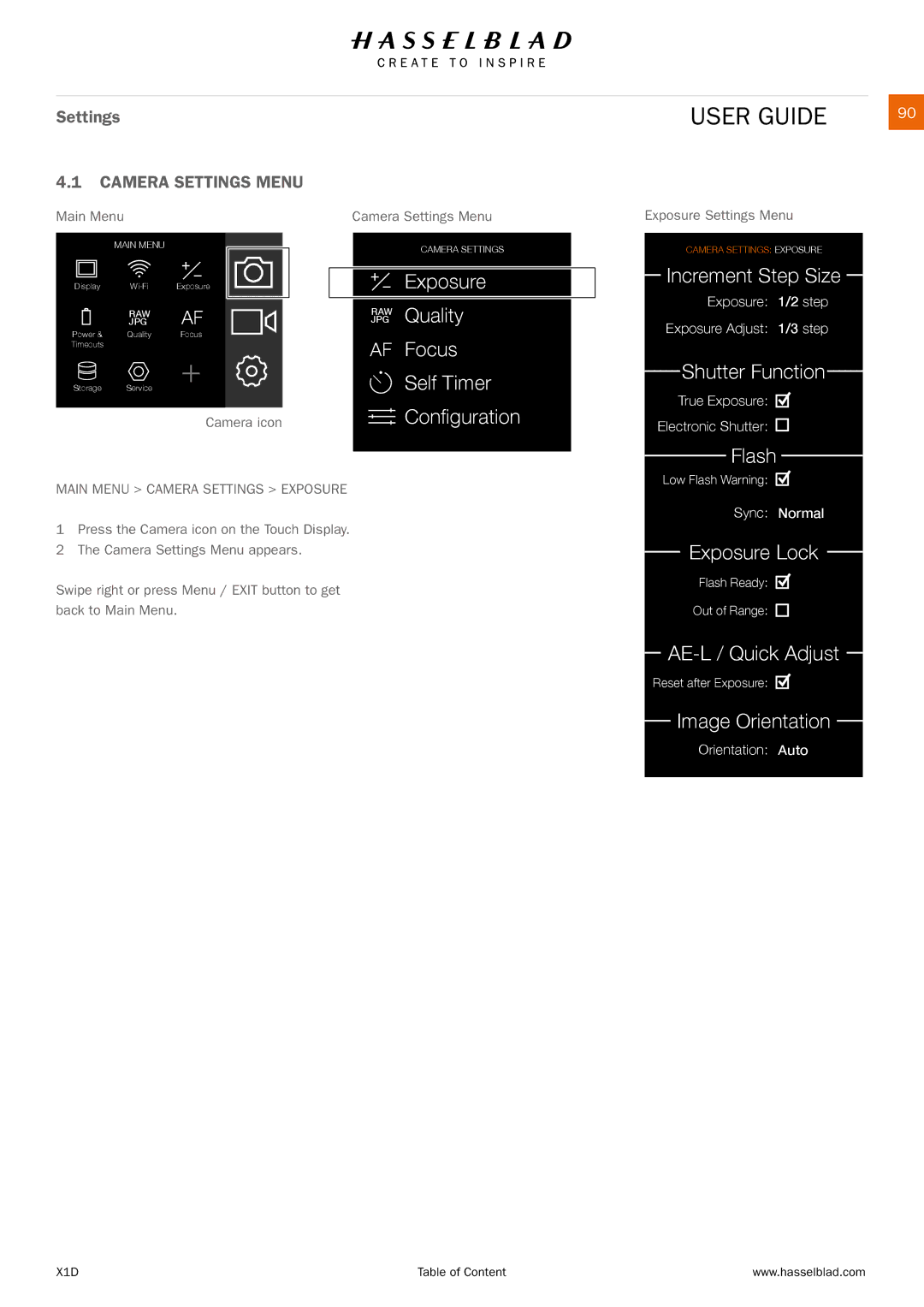 Hasselblad X1D manual Camera icon Camera Settings Menu, Exposure Settings Menu, Main Menu Camera Settings Exposure 