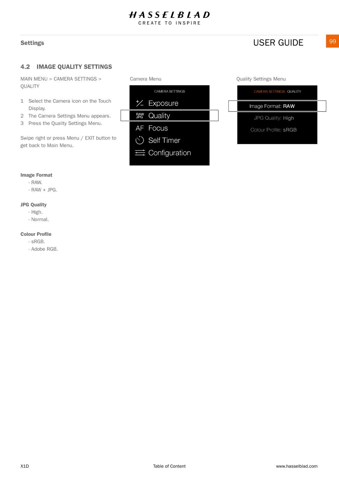 Hasselblad X1D manual Image Quality Settings, Main Menu Camera Settings Quality, Quality Settings Menu 