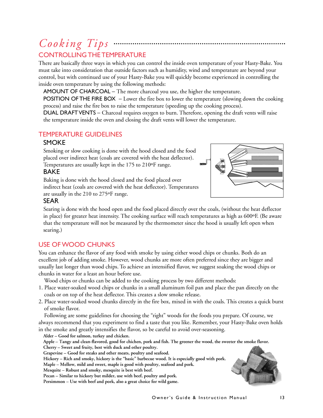 Hasty-Bake Suburban, Portable, Fiesta Cooking Tips, Controlling the Temperature, Temperature Guidelines, USE of Wood Chunks 