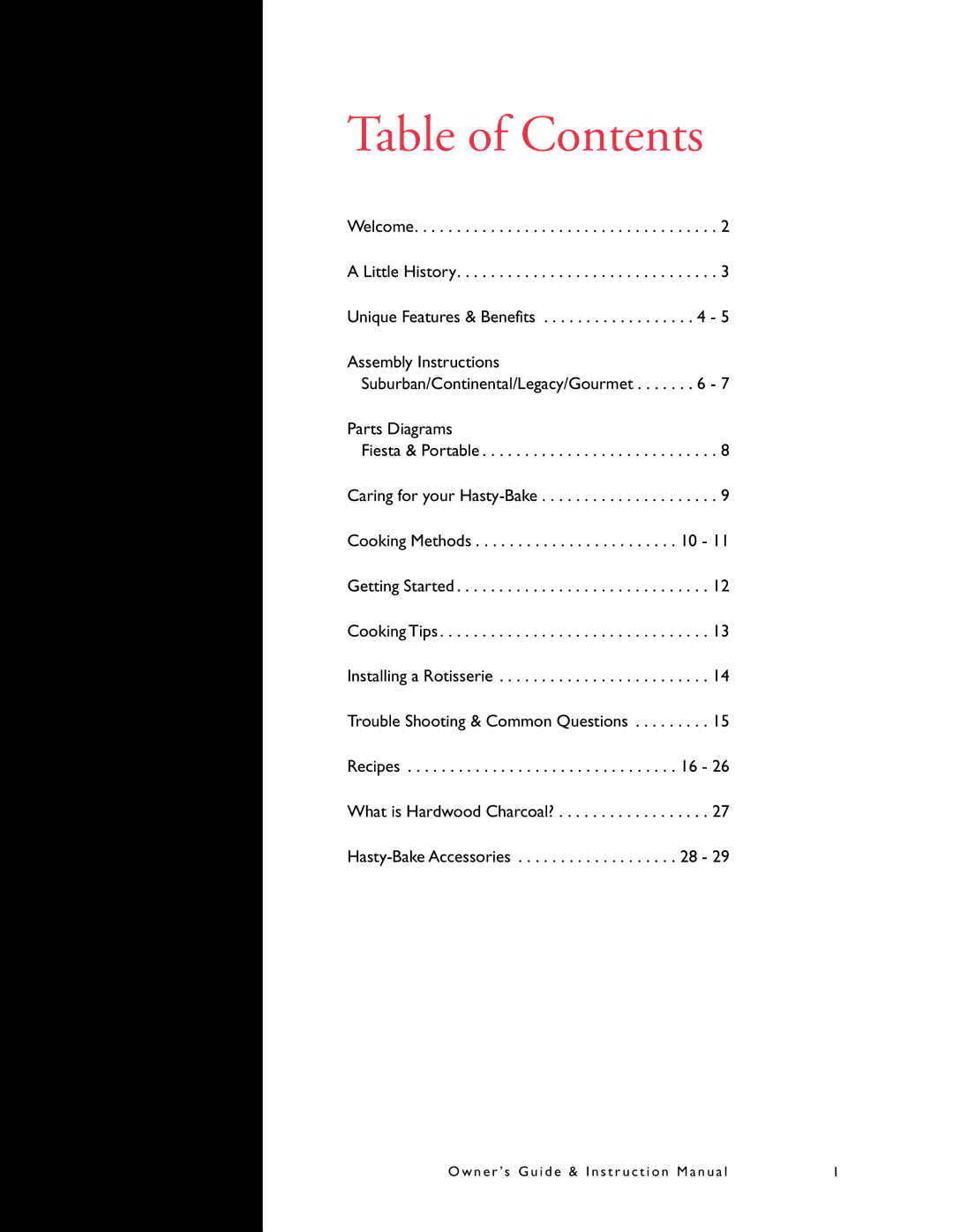 Hasty-Bake Suburban, Portable, Fiesta, Continental, Gourmet, Legacy manual Table of Contents 