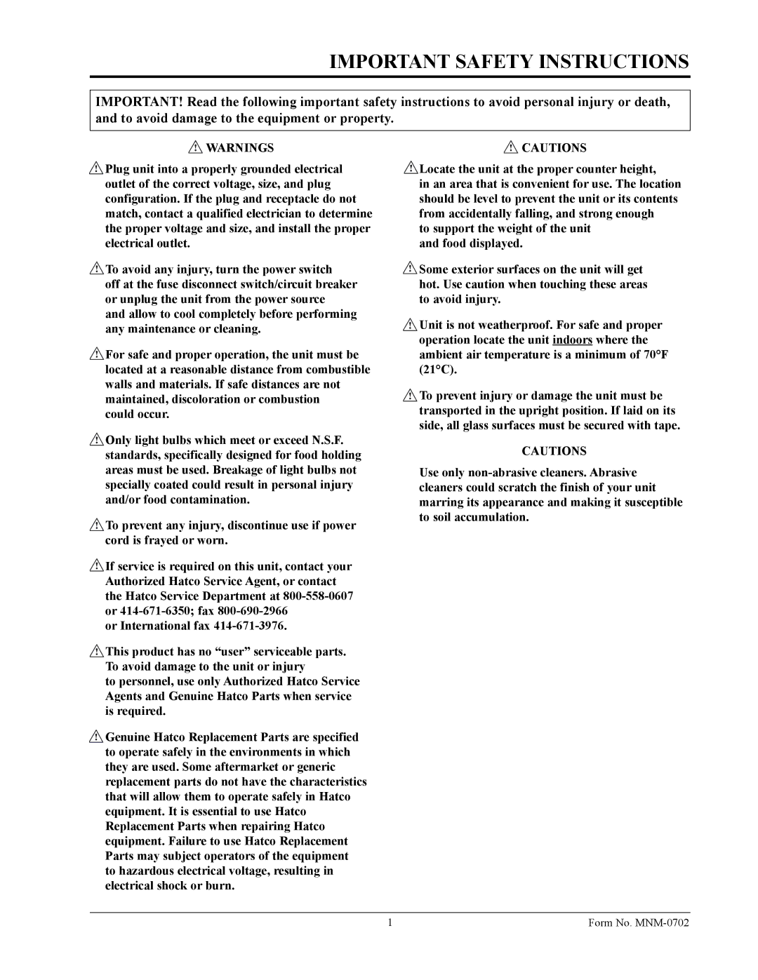 Hatco FST-1-MN, FDW-1-MN manual Important Safety Instructions 