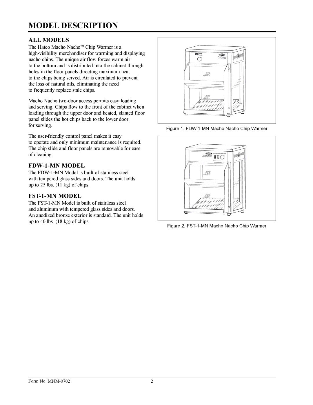 Hatco manual Model Description, ALL Models, FDW-1-MN Model, FST-1-MN Model 