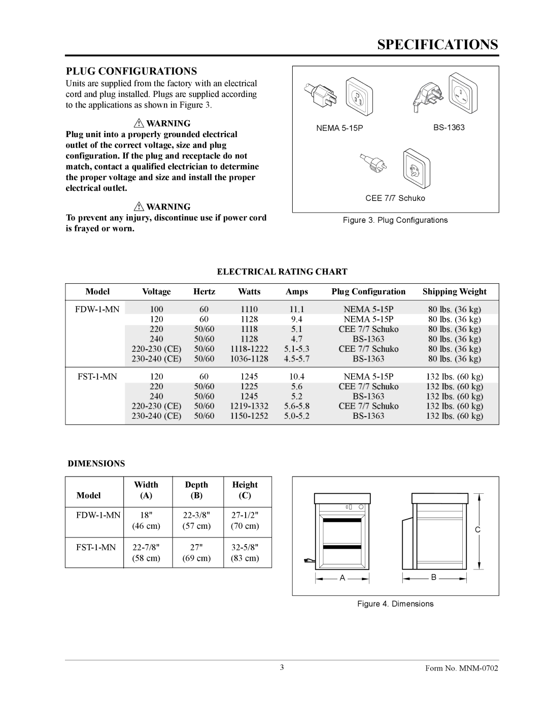 Hatco FST-1-MN, FDW-1-MN manual Specifications, Plug Configurations 