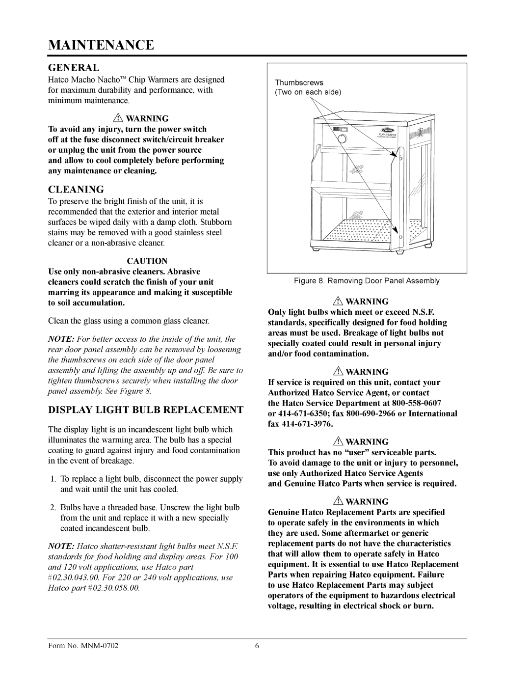 Hatco FDW-1-MN, FST-1-MN manual Maintenance, General, Cleaning, Display Light Bulb Replacement 