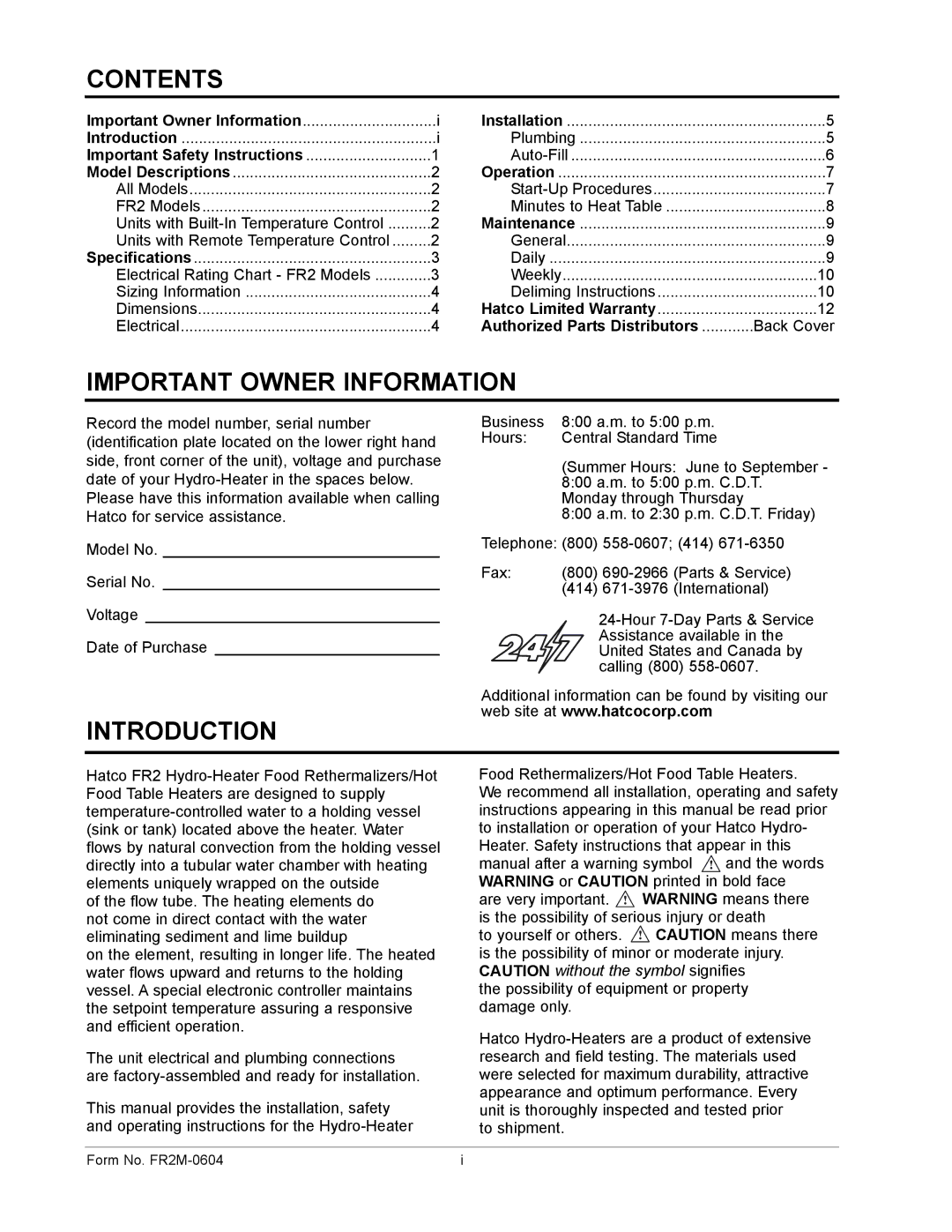 Hatco FR2 Series manual Contents, Important Owner Information, Introduction 