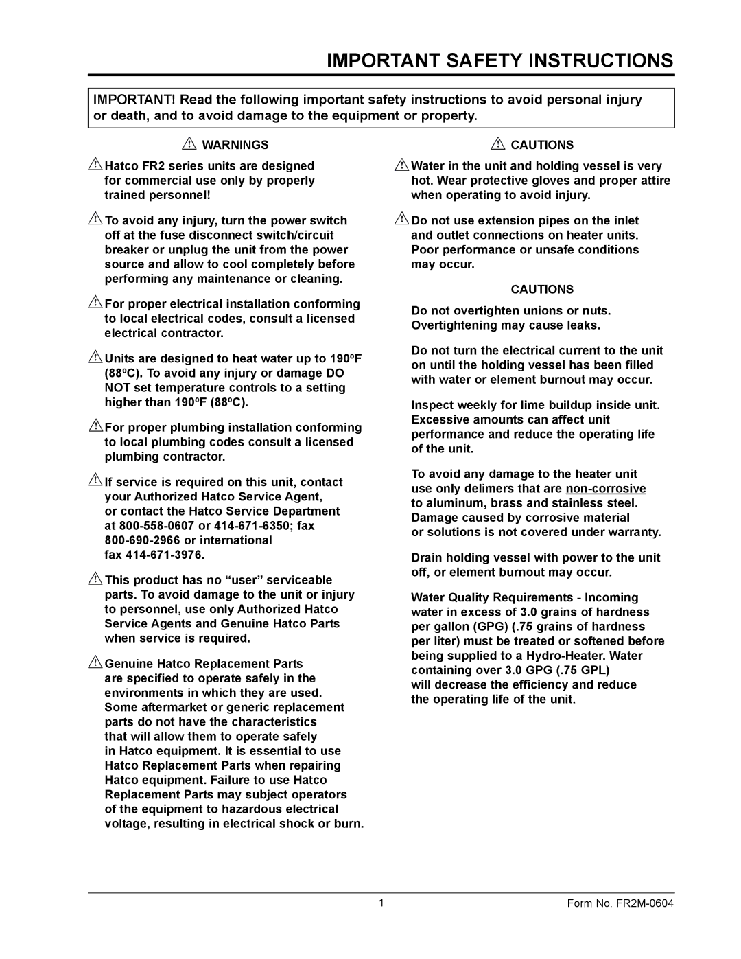 Hatco FR2 Series manual Important Safety Instructions 