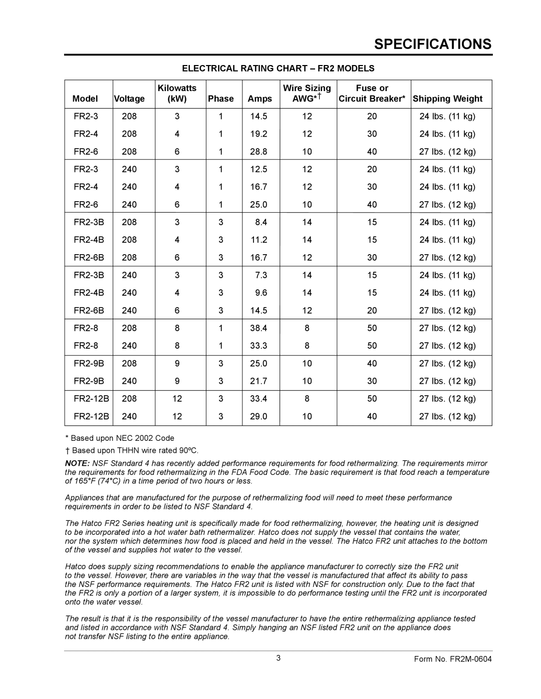 Hatco FR2 Series manual Specifications, Kilowatts Wire Sizing Fuse or Model, Phase Amps, Circuit Breaker 