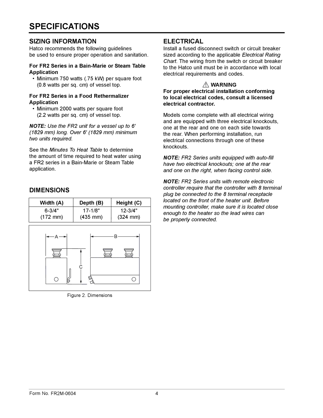 Hatco FR2 Series manual Sizing Information, Dimensions, Electrical 