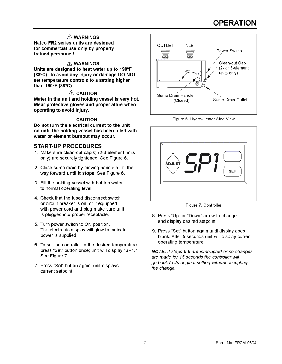 Hatco FR2 Series manual Operation, START-UP Procedures 