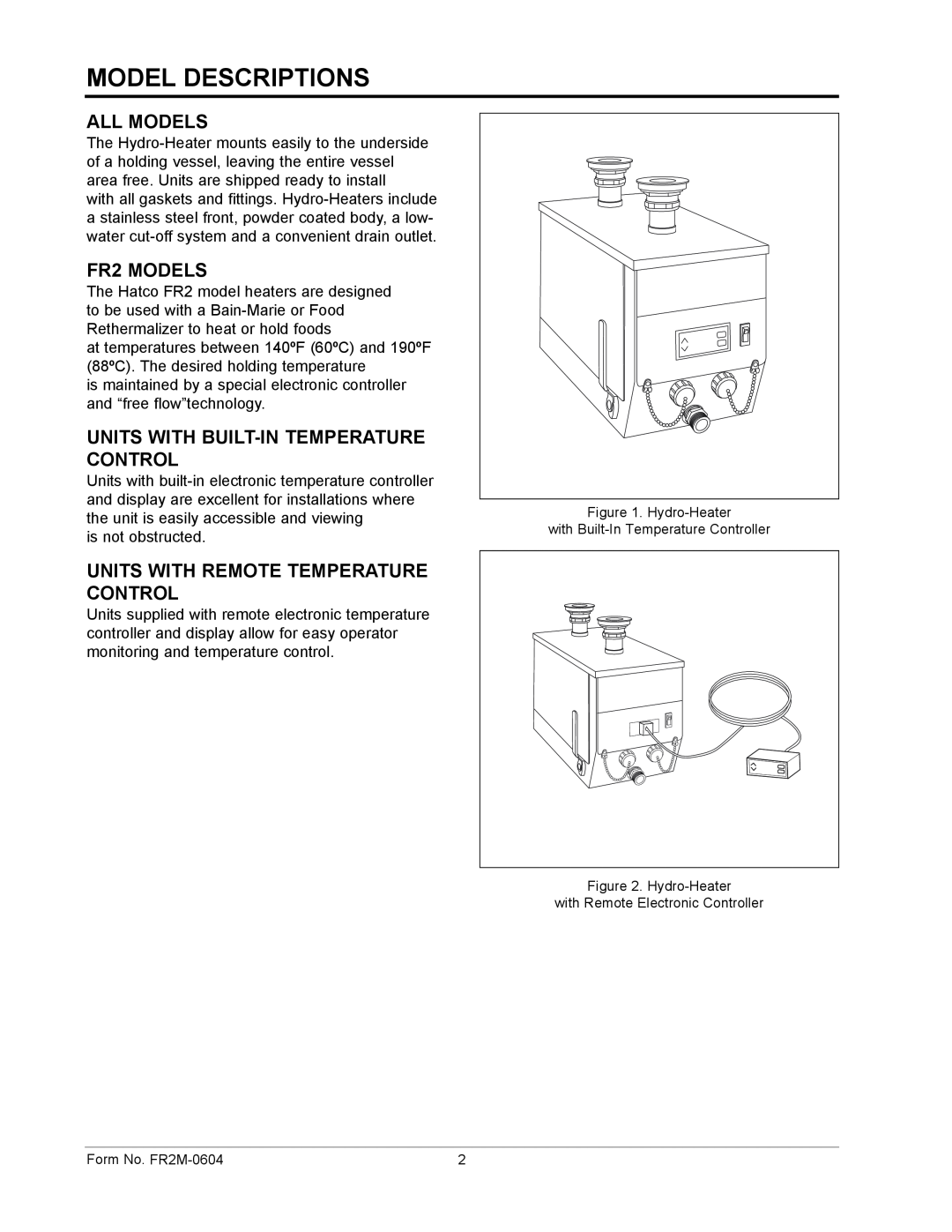 Hatco FR2 Series manual Model Descriptions, All Models, FR2 MODELS, Units With Built-Intemperature Control 