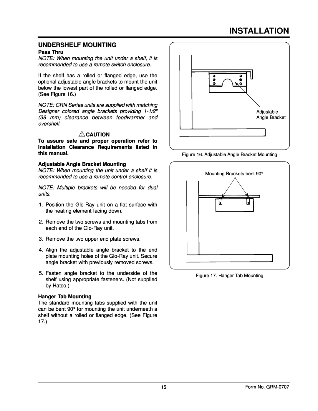 Hatco GRH, GRAL, GRAHL, GRNH manual Undershelf Mounting, Installation 