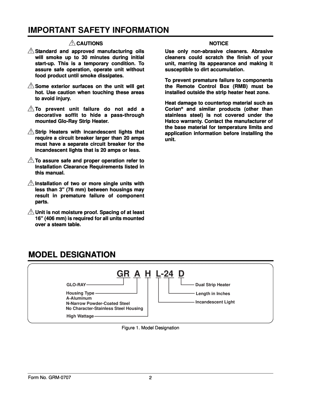 Hatco GRH, GRAL, GRAHL, GRNH manual Model Designation, GR A H L-24 D, Important Safety Information 