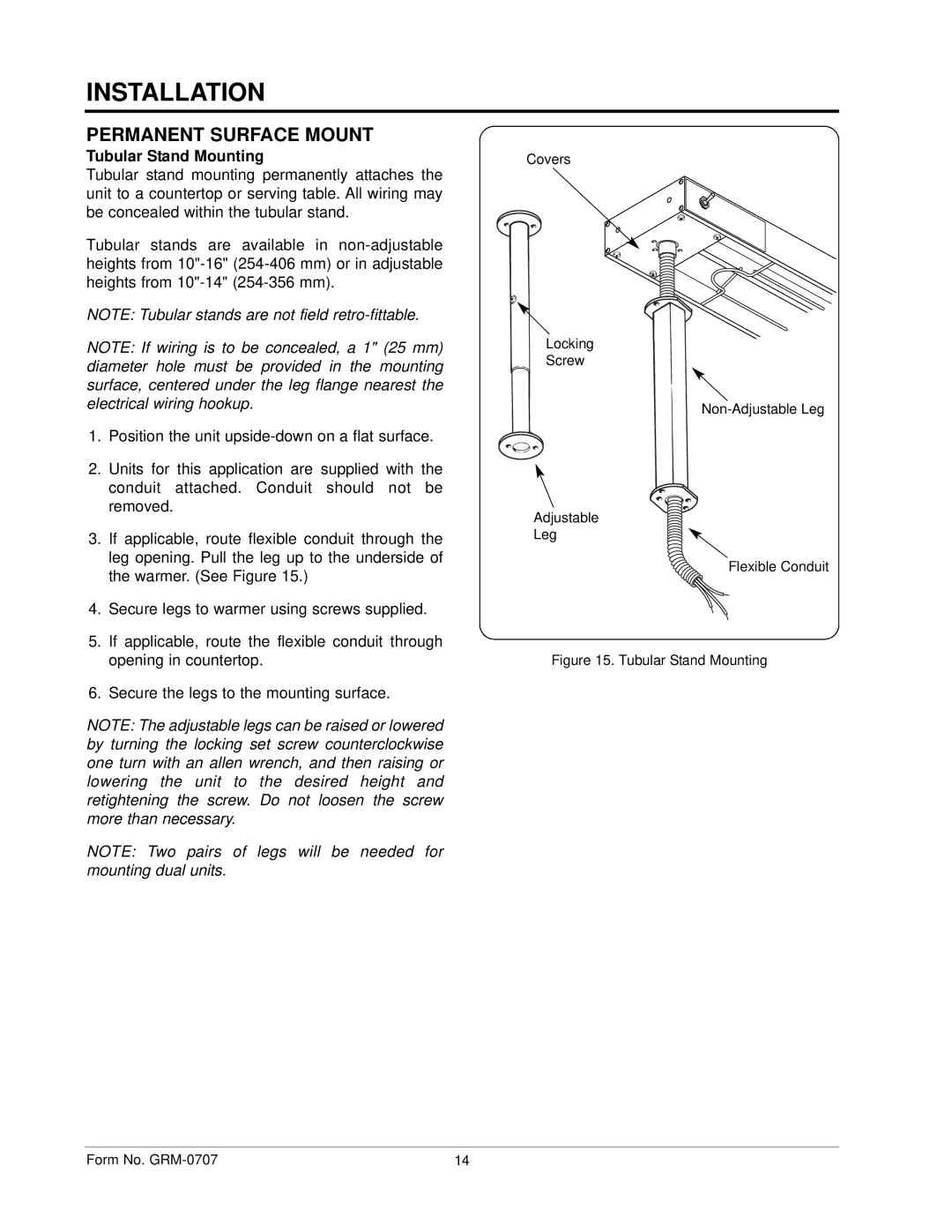 Hatco GRH, GRAL, GRAHL, GRNH manual Permanent Surface Mount, Tubular Stand Mounting 