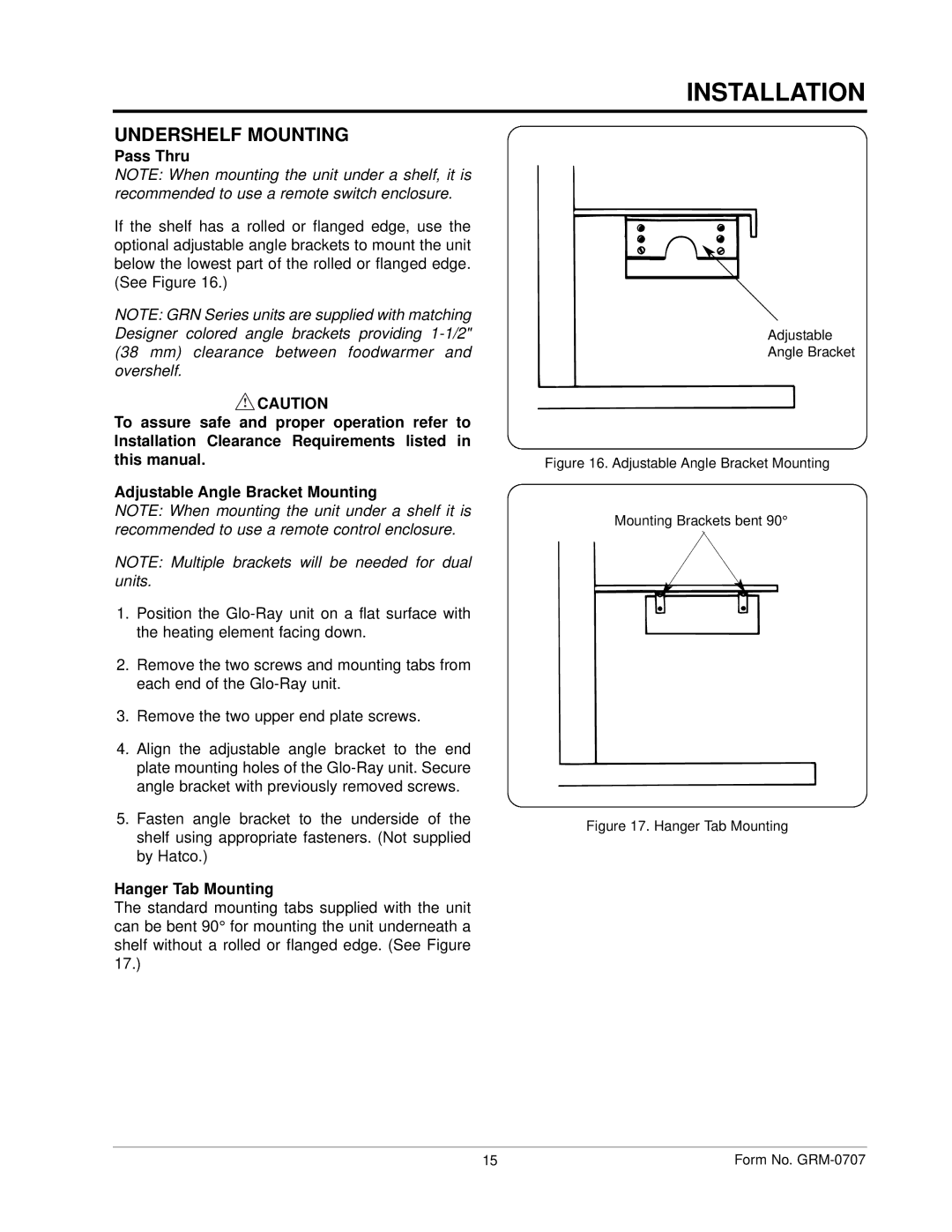 Hatco GRH, GRAL, GRAHL, GRNH manual Undershelf Mounting, Pass Thru, Hanger Tab Mounting 