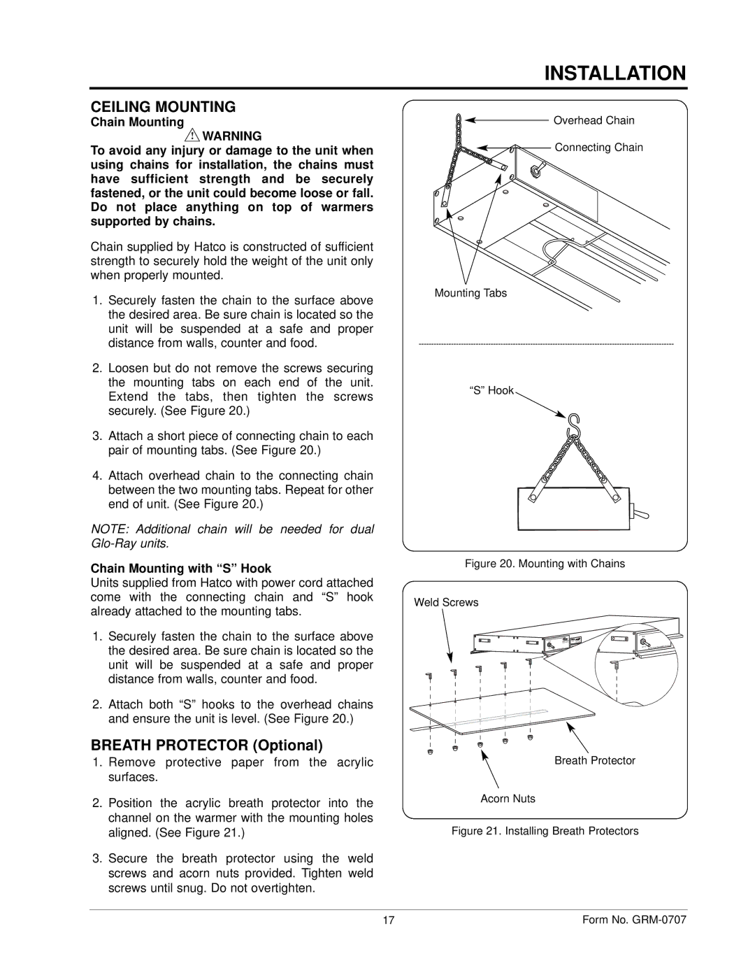 Hatco GRAHL, GRH, GRAL, GRNH manual Ceiling Mounting, Chain Mounting with S Hook 