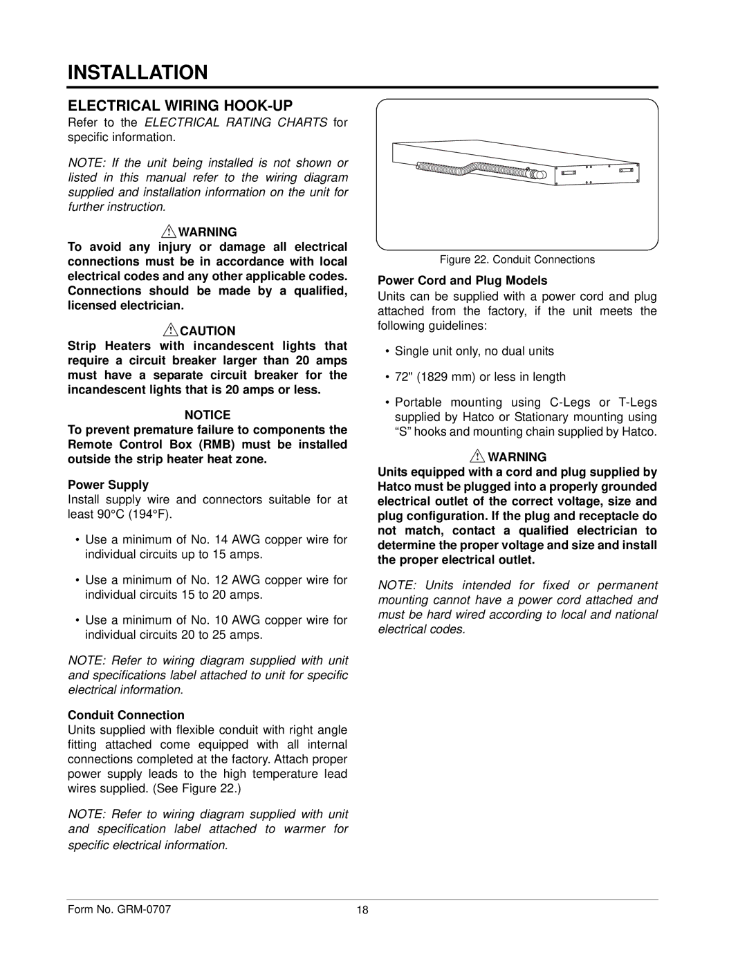 Hatco GRH, GRAL, GRAHL, GRNH manual Electrical Wiring HOOK-UP, Conduit Connection, Power Cord and Plug Models 