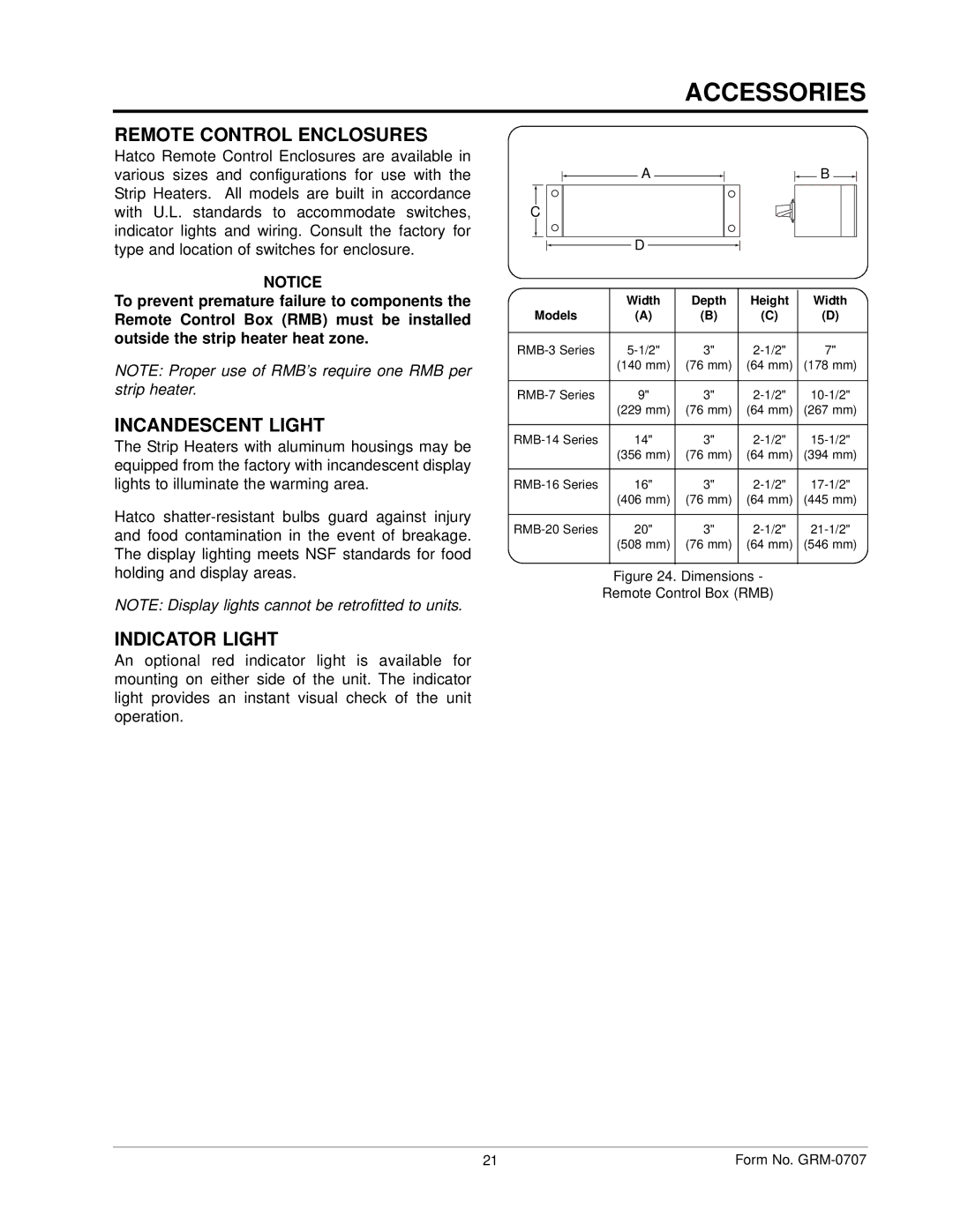 Hatco GRH, GRAL, GRAHL, GRNH manual Accessories, Remote Control Enclosures, Incandescent Light, Indicator Light 