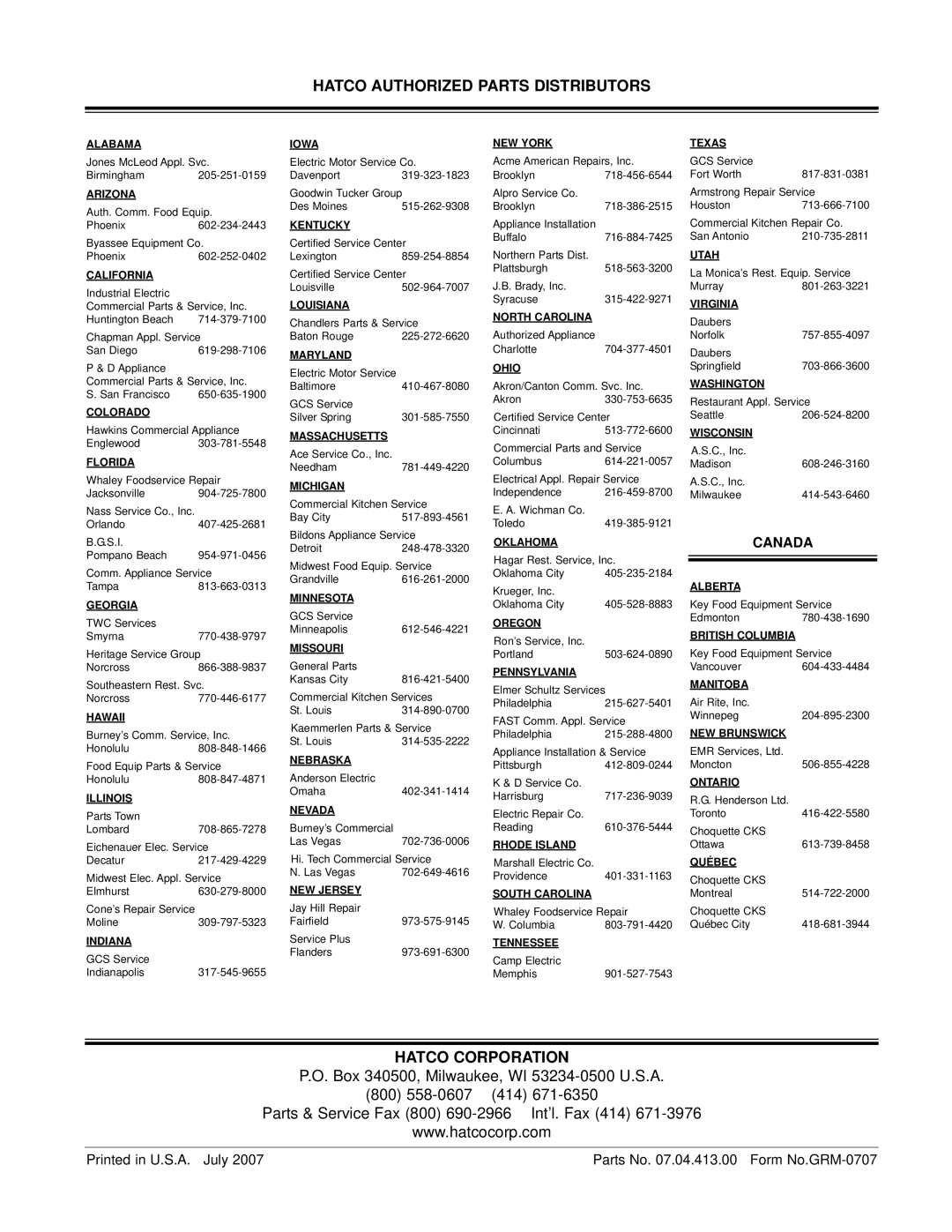 Hatco GRH, GRAL, GRAHL, GRNH manual Hatco Authorized Parts Distributors, Hatco Corporation 