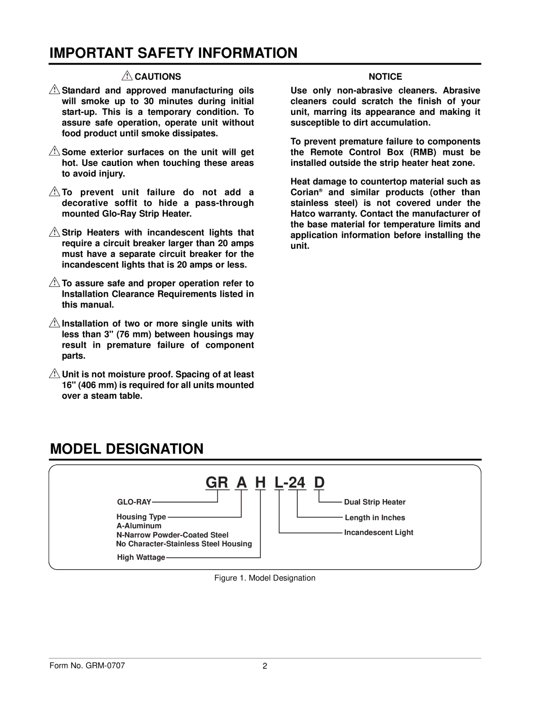 Hatco GRH, GRAL, GRAHL, GRNH manual GR a H L-24 D, Model Designation 