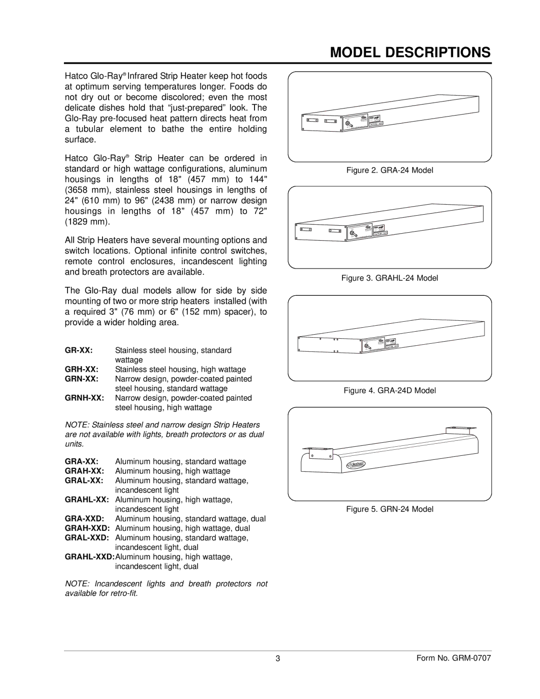 Hatco GRH, GRAL, GRAHL, GRNH manual Model Descriptions, GRA-24 Model 