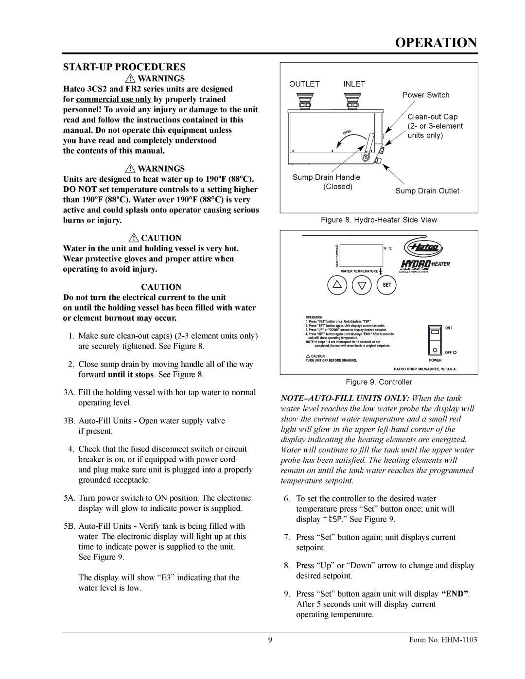 Hatco Hatco 3CS2 manual Operation, START-UP Procedures 