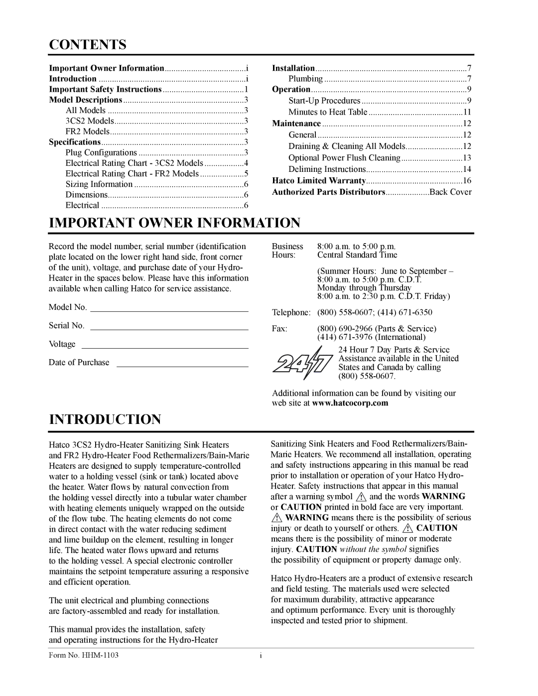 Hatco Hatco 3CS2 manual Contents, Important Owner Information, Introduction 