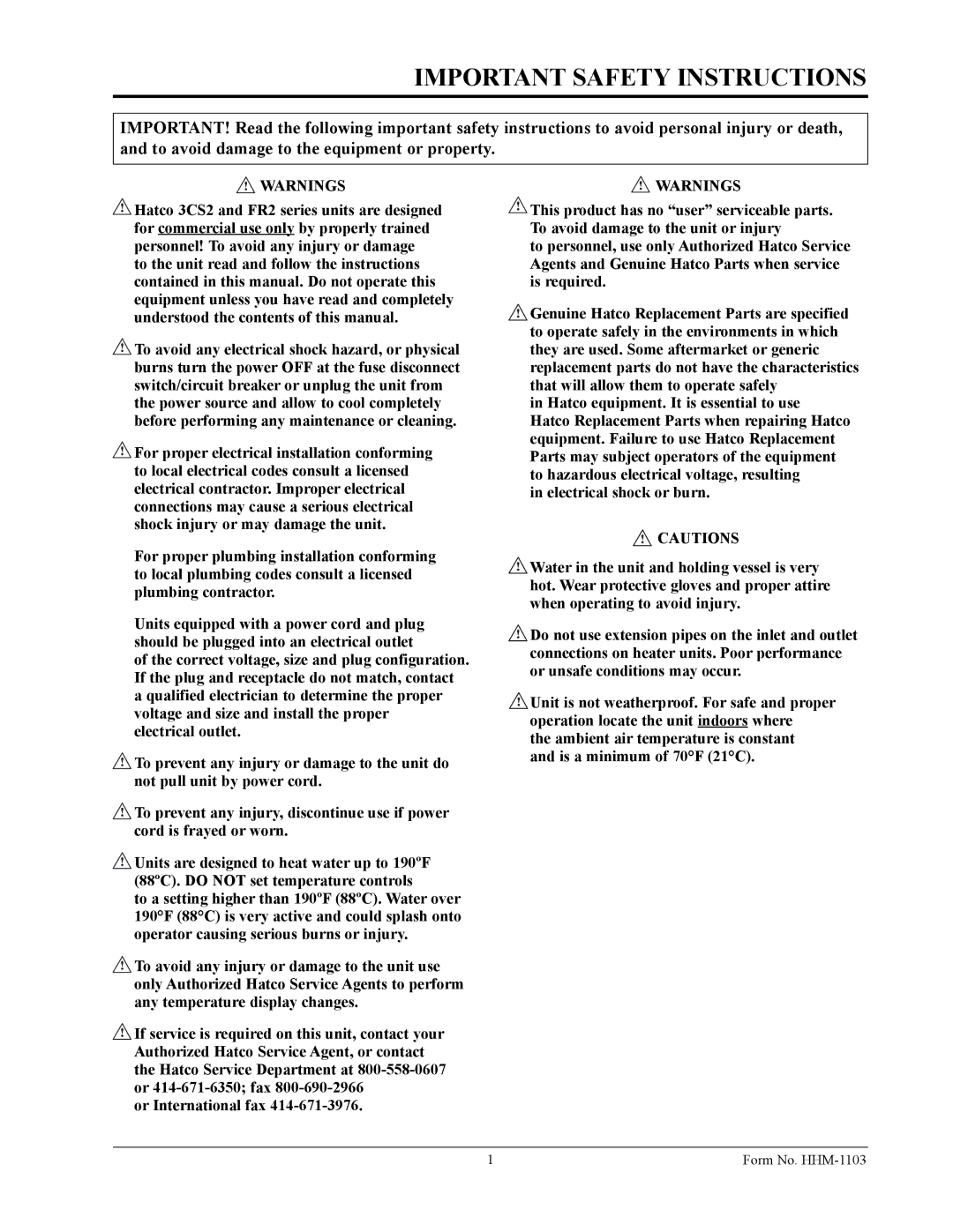 Hatco Hatco 3CS2 manual Important Safety Instructions 