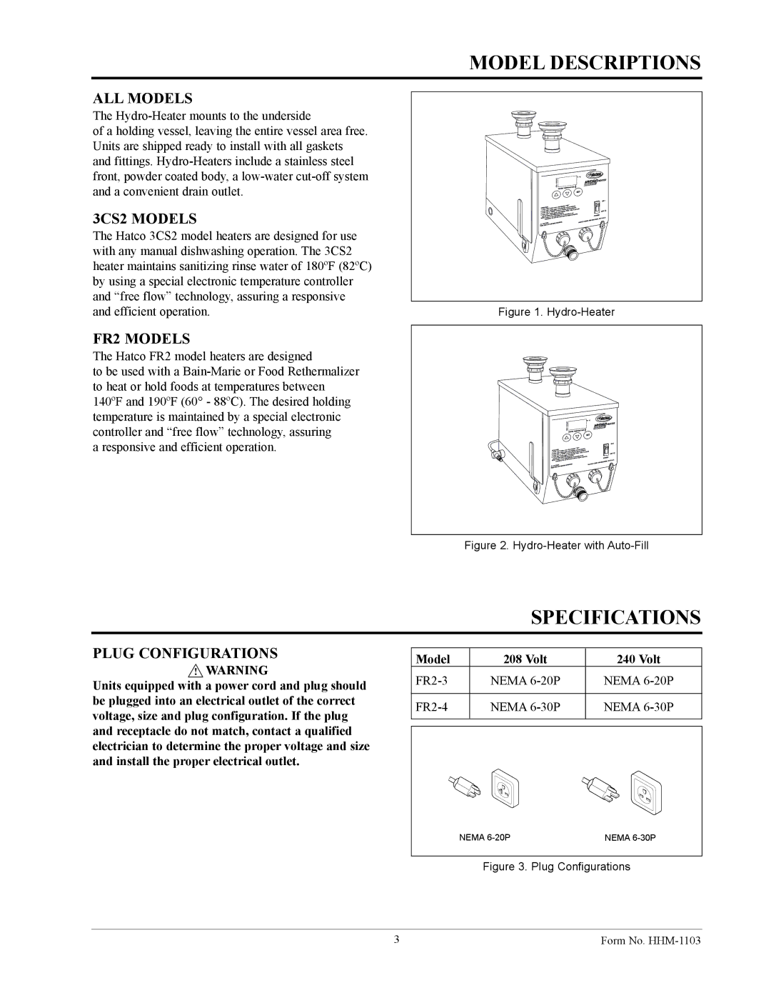 Hatco Hatco 3CS2 manual Model Descriptions, Specifications 