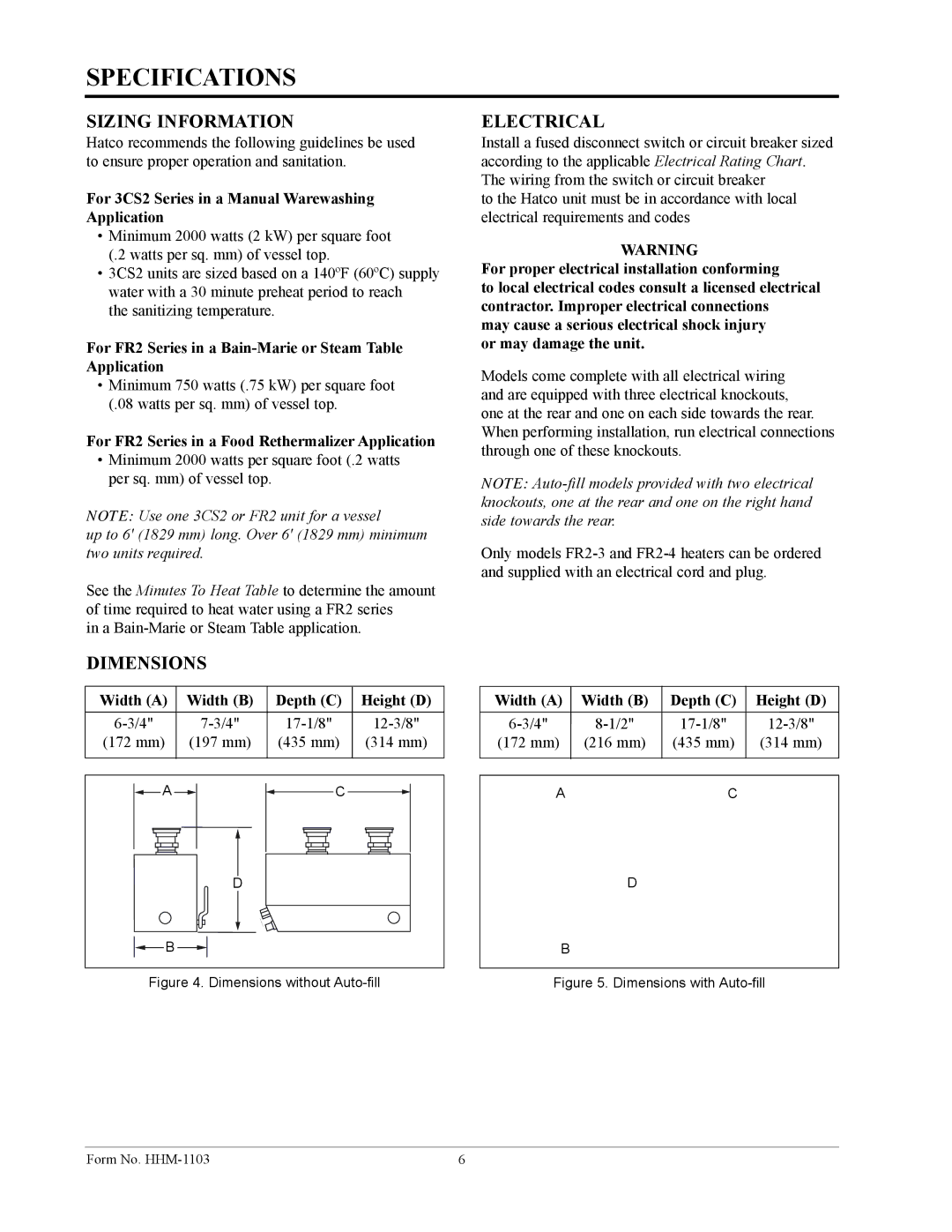 Hatco Hatco 3CS2 manual Sizing Information, Dimensions, Electrical 