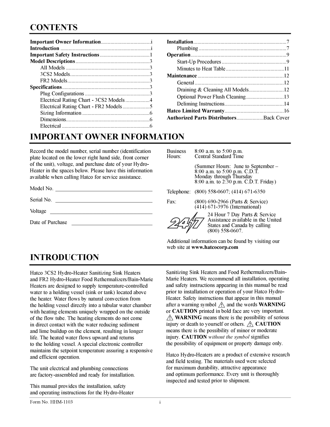 Hatco Hatco 3CS2 manual Contents, Important Owner Information, Introduction, Authorized Parts Distributors 