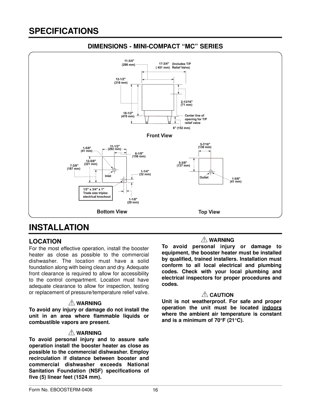 Hatco IMPERIAL S manual Installation, Dimensions MINI-COMPACT MC Series, Location 