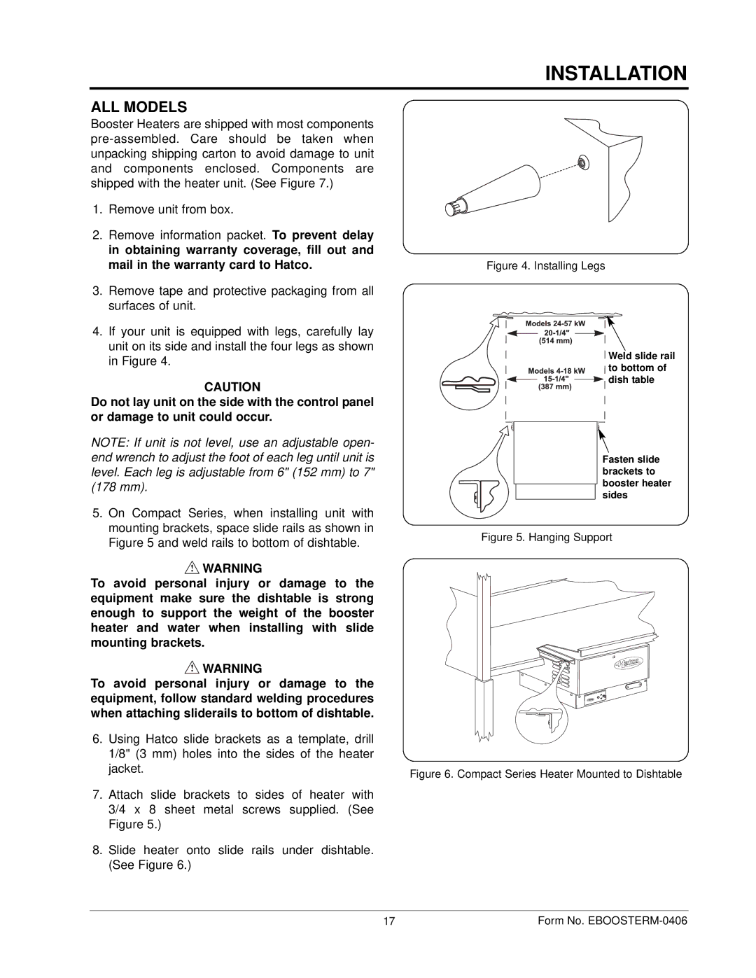 Hatco IMPERIAL S manual Installing Legs 